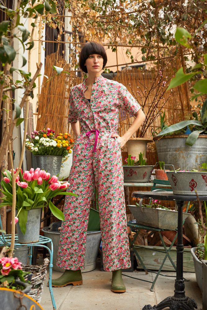 flower print jumpsuit green red rose cotton